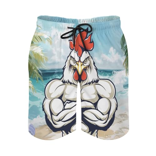Funny Rooster Men's Swim Trunks Chicken Beach Sea Wave Board Shorts Hawaiian Summer Bathing Pants with Pockets