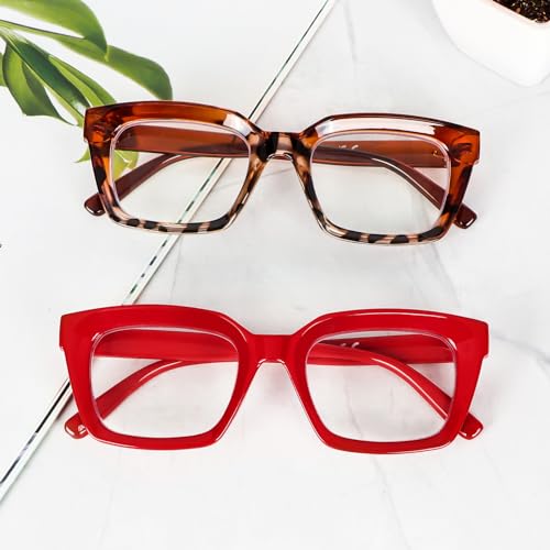 Image of REAVEE 2 Pack Oversized Reading Glasses for Women Men Blue Light Blocking, Ladies Stylish Retro Square Large Computer Readers (Red /Brown Leopard 0.0x)
