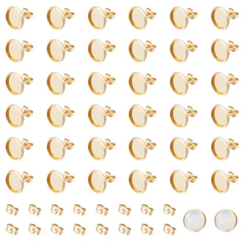 UNICRAFTALE 60pcs 18K Gold Plated Cabochon Blanks Stud Ear 10mm Earrings Post Trays Stainless Steel Earring Bezels Trays Post Cup Stud Findings with Loop and Ears Back for Earring Jewelry Making