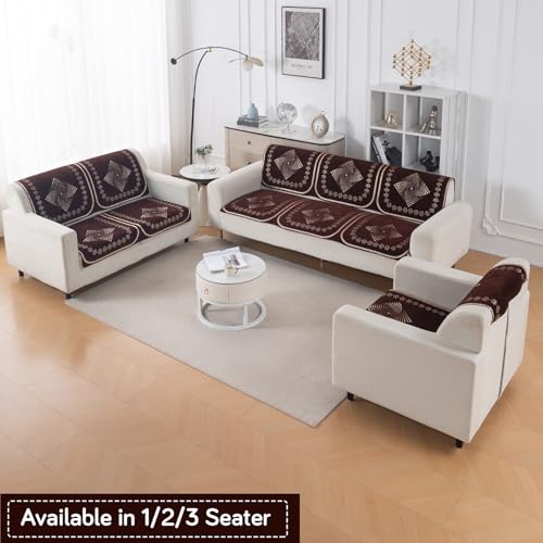 Image of HOKIPO Sheesh Brown Premium Chenille Jacquard Sofa Cover for 2 Seater for Seat & Back, 'Royal Aangan Series' (IN-1007-L5*2)