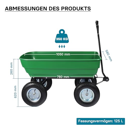 Wiltec Gartenwagen mit Kippfunktion bis 350 kg, Handwagen mit 125 l Volumen, Bollerwagen für Gartenarbeit, Handkarren für u. a. Rasen, Kies, Schlamm