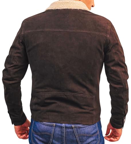 Hide & Seek Men’s Vintage Suede Leather Rugged Motorcycle Shirt Survival Iconic Fur Collar Season 5 Inspired Leather Jacket4
