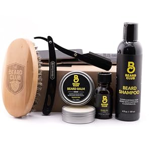 Beard Club Beard Care Kit – Style, Moisturize and Grow a Healthier Beard – Straight Edge Razor, Beard Shampoo, Cedar Beard Balm and Beard Oil, Boar Bristle Beard Brush – Gift Kit