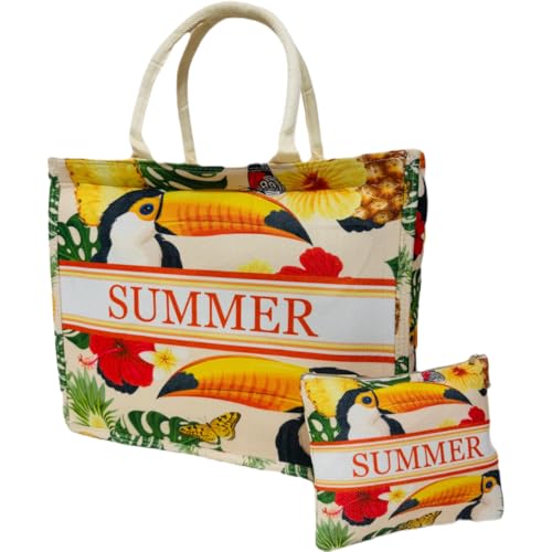 Bolsa De Praia Branca Verde Estampada Colorida Com Flores Pássaros
