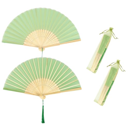 Abanico Verde, 2 Piezas Abanico Mano Plegable, Abanico Madera con Borlas 21cm, Abanicos para Pintar, Abanicos de Boda, para Verano, Bodas, Fiesta, Eventos al aire Libre