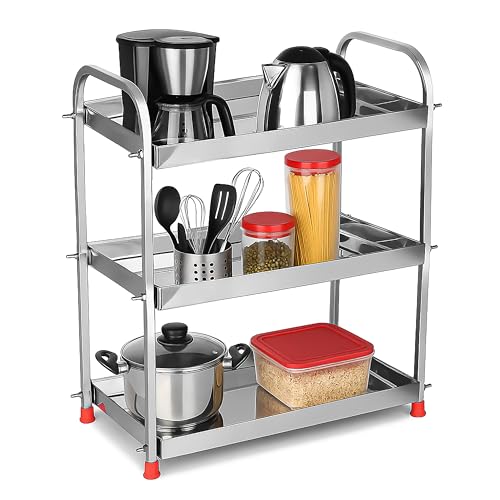 Image of Stainless Steel 3-Tier Storage Rack for Kitchen, Bathroom & Vanity, Multipurpose Shelf Organizer for Jars, Spices, Toiletries & Cosmetics Stand, Countertop Stand