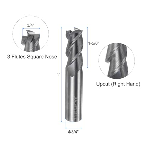 Image of uxcell Carbide Square End Mill, 3 /4 inch Diameter Uncoated 3 Flutes Milling Bit Cutter, for Aluminum Copper Non-Ferrous Metal, 3 /4 inch Shank 1-5 /8 inch Cut Length 4 inch Long