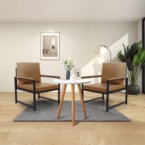Modern Accent Arm Chair with PU Leather Upholstery, Thick Padded Backrest and Seat Cushion, Comfortable Metal Armrest, Non-Slip Feet, for Living Room, Bedroom, Office Lounge Reception Area (Camel) - Thumbnail 6