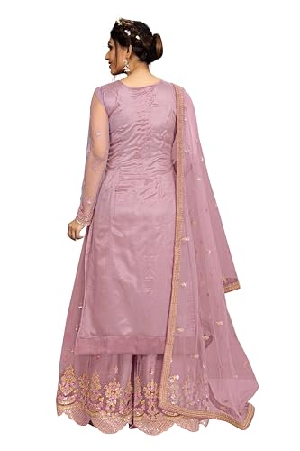 Image of TRENDMALLS Women's Net Embroidery Salwar Suit Kurta Sharara Set with Dupatta Skyblue
