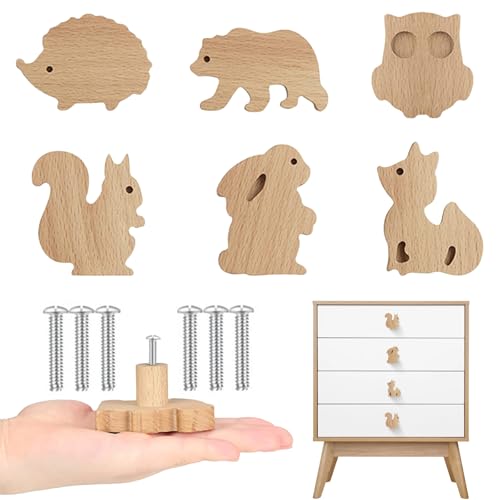 MHwan Poignée Meuble, 6 Pièces Boutons en Bois Massif, Motif Animaux Mignons, Texture Naturelle, Décoration pour Chambre d'Enfant, Boutons pour Commode