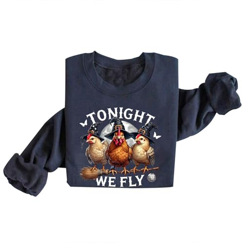 Image of Tonight We Fly Sweatshirt Halloween Chicken Witch Sweatshirts Hoodies Women (US, Alpha, Large, Regular, Regular, Haze Blue)