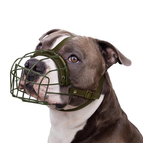 BRONZEDOG Pitbull Dog Muzzle Metal Mask Amstaff Wire Basket Pit Bull Adjustable Nylon Straps for Large Dogs