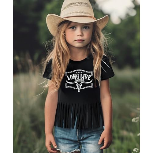 Image of Girls Western Shirt Cowgirls Embroidered Country Concert T Shirt Graphic Horseback Rider Tassel Fringe Tee Tops