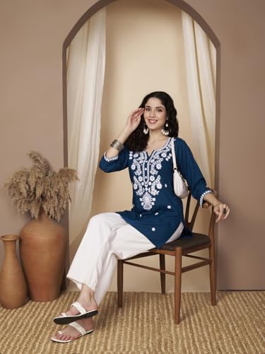 Image of Short Kurti for Women for Jeans, Chikankari Kurtis for Ladies, Lakhnavi V- Neck Women's Tunic Design Kurta, Floral Kurtas & Tunics for Woman