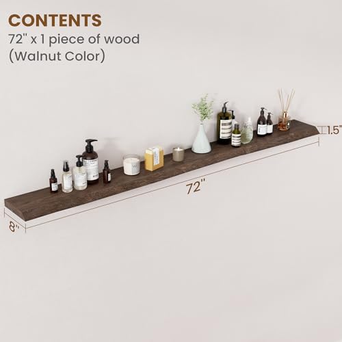 Image of Floating Shelves for Wall Decor, Rustic Solid Elm Wood Live Edge Floating Shelves Wall Mounted, Wall Shelves with Invisible Bracket for Living Room Bathroom Bedroom Kitchen, 72 Inch, Walnut