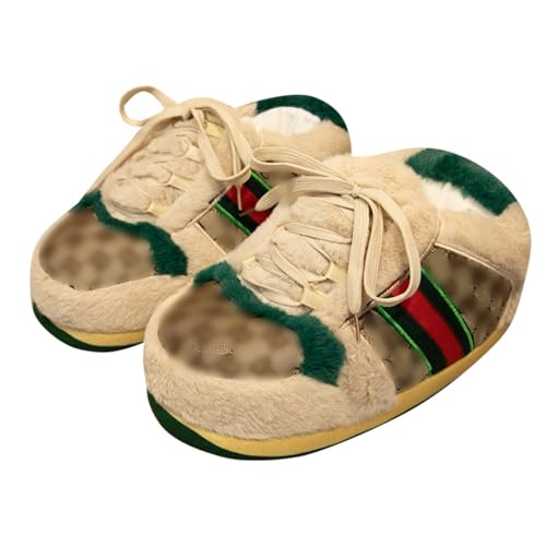 Sneaker Slippers for Men and Women Warm Non-Slip Fluffy Slippers for Indoor Outdoor Plush Shoes (khaki)