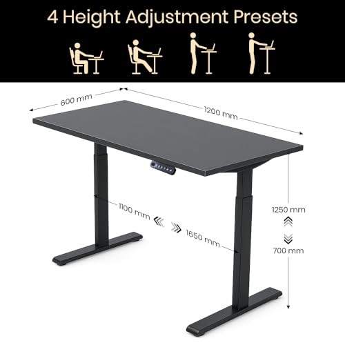 Image of Pulse Electric Height Adjustable Table Standing Desk with 4 Memory Presets| 1200 X 750 CM (25mm Black Top & Black Frame)| 80KG Wt Cap| 3 Year Warranty| Adaptor Hanger, Headphone & Cup Holder