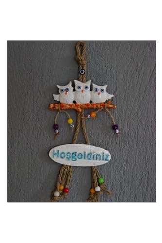 Beyaz Baykuş Figürlü Dekoratif Kapı Süsü, Hoşgeldiniz Yazılı