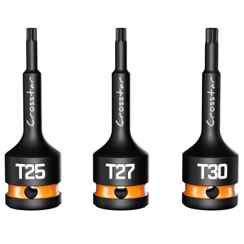 Image of Crosstar T25 T27 T30 Impact Torx Bit Socket Set, 1 /2 inch Drive Cr-Mo Steel, Long High Impact Star Sockets for Automotive & Heavy-Duty Use, Professional Mechanic Tools with Transparent Case