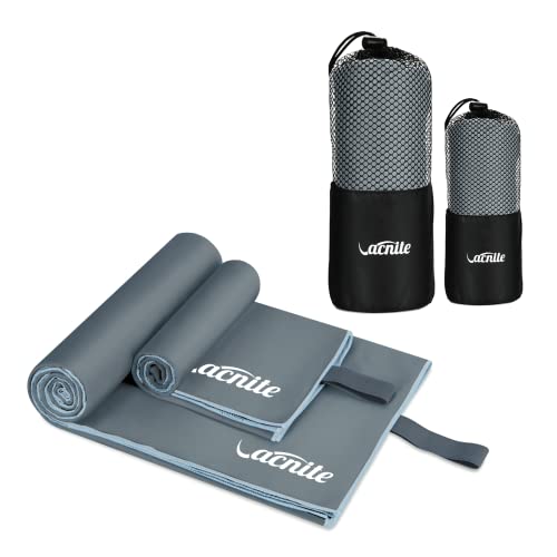 VACNITE Toalla de Microfibra 2 Unidades, 152 x 80 cm/80 x 38 cm, Absorbente, Ultra Ligera, de Secado rápido, Juego de Toallas de Viaje para Fitness, Playa, Yoga, Sauna, Deporte (Gris) Cover