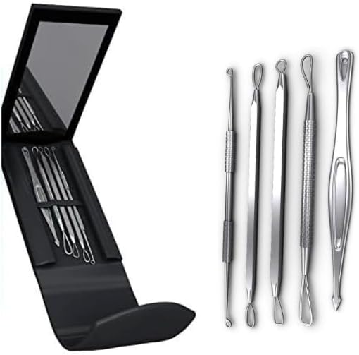 5pc Blackhead and Blemish Removal Kit with Mirror and Case   Professional Stainless Steel Comedone Extractor Tools for Acne, Spot, and Pimple Treatment   Perfect for Travel, Home Skincare