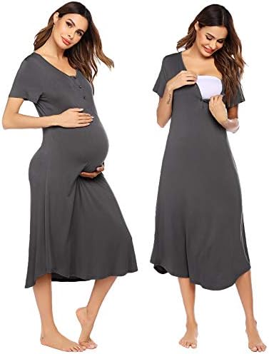 Ekouaer Maternity Short Sleeve Nursing Breastfeeding Nightgown Breastfeeding Long Sleepshirt (Dark Grey L)