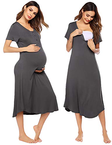 Image of Ekouaer Nursing Nightgown Long Delivery Gown Button Up Breastfeeding Maternity Pregnancy Pajamas Dress Dark Grey Medium