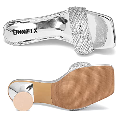 Image of Women's Square Open Toe Kitten Heel Mules, Rhinestone Sandals | Metallic PU Slides & 3.15 IN Block Square Heels: Non-Slip Rubber Outsole, Easily for Wedding, Party or Work.