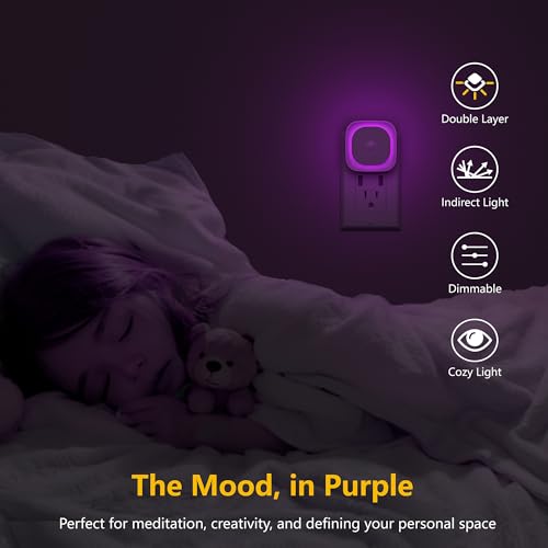 Image of YUNLEX 2 Pack Plug in Night Light with Motion Sensor & Dusk to Dawn Sensor, 3 Sensor Modes, Purple Lights Plug into Wall, Dimmable Calming Glow for Meditation, Relaxation, Bathroom