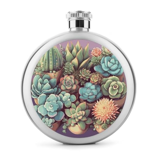 Image of Cute Succulents Hip Flask Modern Leakproof Flasks Stainless Steel Personality Flask Whiskey & Liquor Jug Ideal Hip Jug for Men & Women(Single Shot 5 OZ)