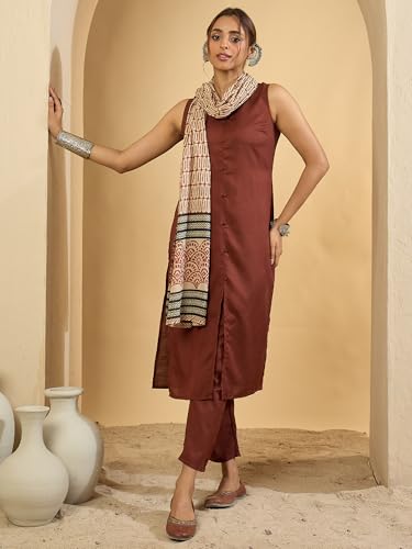 Image of INDO ERA Women's Straight Cotton Blend Solid Solid Kurta & Pant with Dupatta Set (IESTR10631)