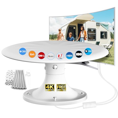 RV TV Antenna for Camper, 720° Omni Directional HDTV Antenna with Signal Booster, Outdoor Digital TV Antenna for Smart TV, RV Roof Mounted Antenna for Motorhome, Travel Trailer, 35ft Cable (White)