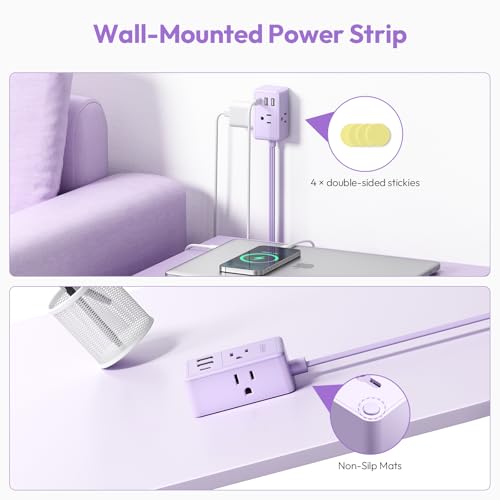 Image of NTONPOWER Double Extension Cord 12 FT, Twin Extension Cord Splitter, 6 FT Purple Extension Cord on Each Side, 20W USB C & 2 USB A & 3 Outlets, Split Power Strip with Flat Plug for Home Dorm Room