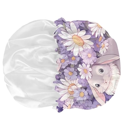 Image of Kids Satin Sleep Cap - Double Layer Satin Bonnet - Night Cap With Rabbit Daisy Print - Gifts for Frizzy, Curly or Straight Hair Toddler Children - Spring to Winter