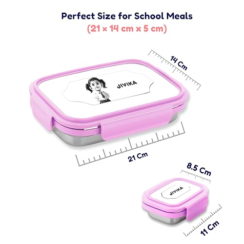 Image of Customised Lunch Box with Name and Photo for Kids - Photo & Name Permanently Printed - Ideal for School, Students, Children - Stainless Steel and Safe Food Container - Pink Color