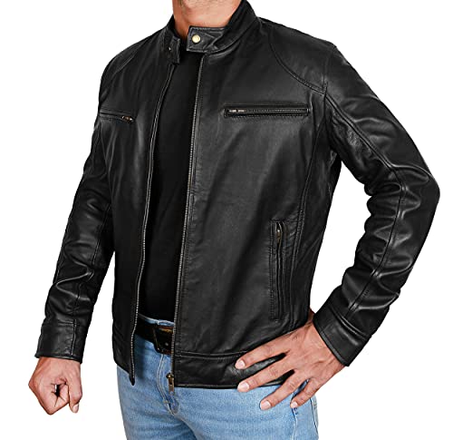 Image of Brown Leather Jacket Mens Real Lambskin Vintage Biker Jacket Men - Mens Black Leather Jacket