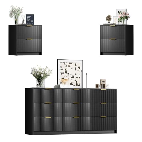 Image of Furniway 3 Piece Bedroom Set, 9 Drawer Dresser and Nightstand Set of 2 with Gold Handles, Modern Wood Chest of Drawers Storage Cabinet for Bedroom, Black