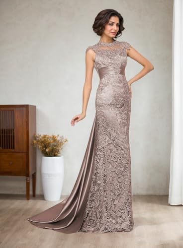 2025 Elegant Mermaid Trumpet Evening Dress High Neck Sleeveless Sweep Brush Train Ruched Appliques Mother of The Bride2