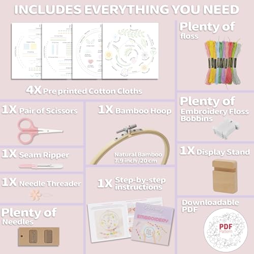Patemby Conjunto de 4 kits de bordado para iniciantes, adultos e adolescentes com padrões de bordado