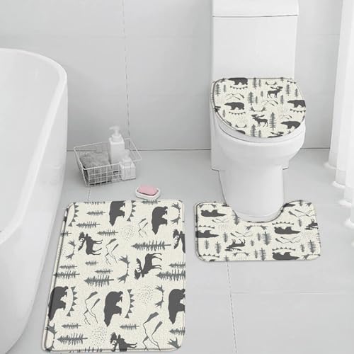 QWRSMYX 3 Pieces Set Rustic Cabin Bath Mat Bear Deer Moose Forest Wildlife Pine Tree Country Camping Lodge Farmhouse Hunting Wild Animal Bathroom Rugs Toilet Lid Cover Pedestal Rug U-Shaped