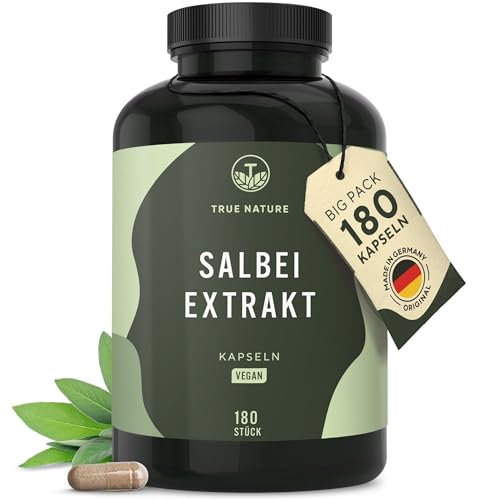 Salbei - 180 Kapseln - Hochdosiert (10:1) - 6000 mg Salbei Extrakt pro Tagesdosis (Salvia officinalis) Laborgeprüft - Vegan & Deutsche Produktion - TRUE NATURE