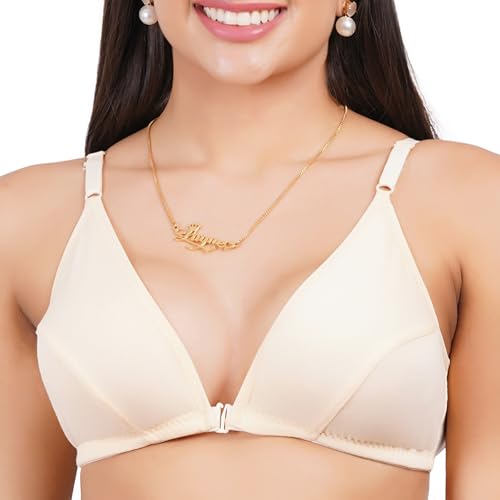 Image of Front Open Non Padded Bra - Made of Pure Cotton Full Coverage Non Wired Seamless Pushup Soft Cup for T-Shirt Saree Dress Sports Garment for Daily Use Everyday