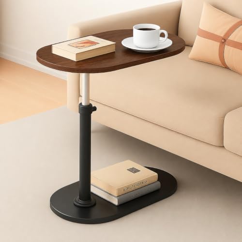 Image of Adjustable Table Stands Couch Side Table, Swivel TV Tray Table, 360 Top Moving C-Shaped End Table, Slides Under Couch Side Stand| (Black, Shinning (Natural)