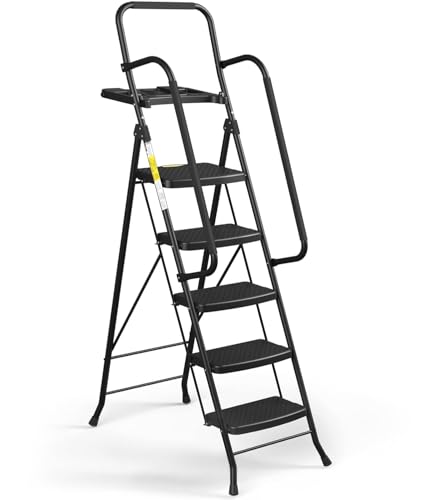 HBTower Step Ladder with Handrails, Folding Step Stool with Attachable Tool Bag & Anti-Slip Wide Pedal for Home Kitchen Pantry Office, Black