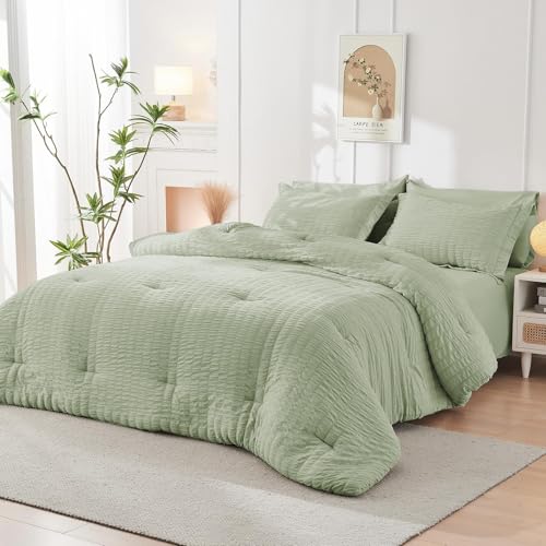 HYMOKEGE Light Green Full Size Comforter Sets Seersucker 7 Pieces, All Season Luxury Bed in a Bag for Bedroom, Bedding Set with Comforters, Sheets, Pillowcases & Shams by HYMOKEGE - Used condition - Image 7
