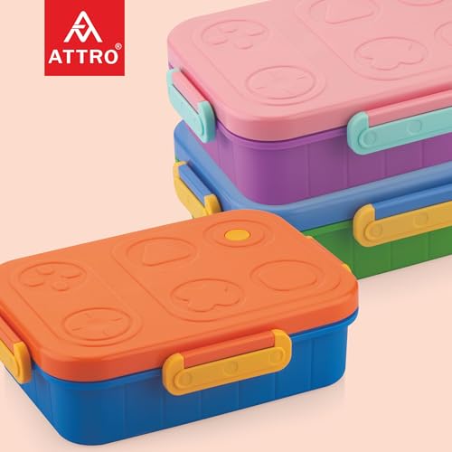 Image of ATTRO TicTac Plastic Lunch Box - 3 Compartment Bento Tiffin, Leak-Proof & Durable, Ideal for Kids, School, Picnic- 1200ml+80ml, Orange Blue