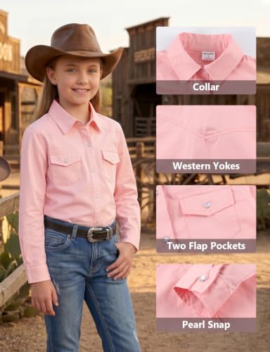 Image of Noomelfish Girls Long Sleeve Western Pearl Snap Button Down Shirt Cowgirl Outfits Blouse Tops (5-14 Years)