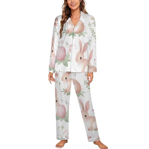 Bunny Easter Eggs Ensemble pyjama pour femme Haut à manches longues et pantalon à boutons Vêtements de nuit doux, Style :, XXL