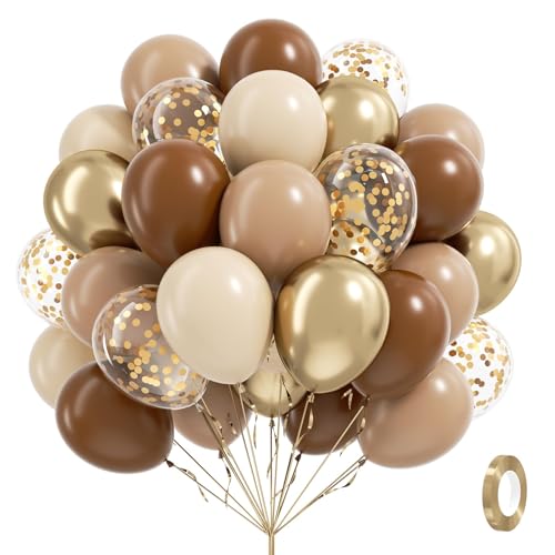 Image of 12inch Brown and Gold Balloons with Light Sand White Confetti Balloons