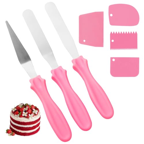 7 Piezas Espatula Reposteria, 3 Piezas 23cm Espátula para Alisar el Pastel Acero Inoxidable y 4 Piezas Raspadores de Masa de Plástico, Juego de Espátulas para Glaseado para Untar Crema, Hornear Tartas